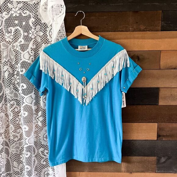 Vintage Tops - Vintage Western Hazelwoods Crew Blue & Silver Fringe Southwestern Aztec T-Shirt